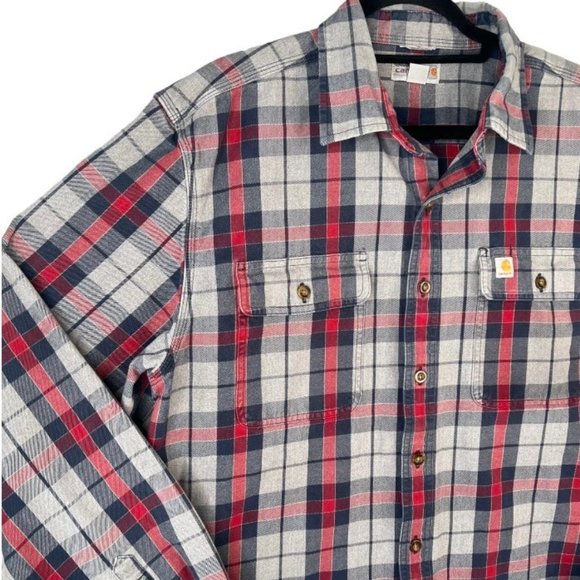 CARHARTT Shirt Men's Size L Tall Grey Blue Red Hubbard Plaid Long Sleeve - Picture 3 of 8